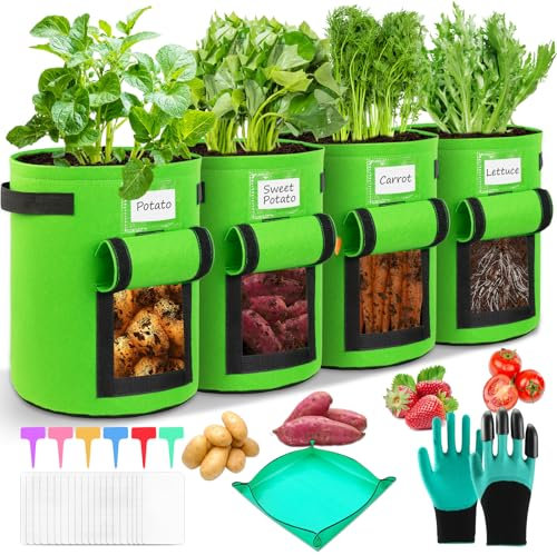 KIMIGO 4 Piezas Bolsas de Cultivo de Papa 10 Galones,Bolsa de Plantación con Ventana de y Guantes de Jardinería,Bolsas para Plantas para Plantas,Tomates,Fresas,Pimientos,Zanahorias