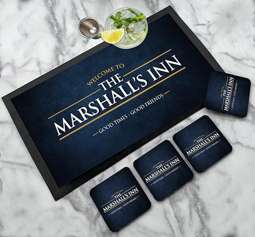 Tapis de bar personnalisé | Ensemble de dessous de verre – Chemin de bar grunge – Accessoires de bière, cadeau fantaisie pour bar à la maison (6 choix de couleurs)