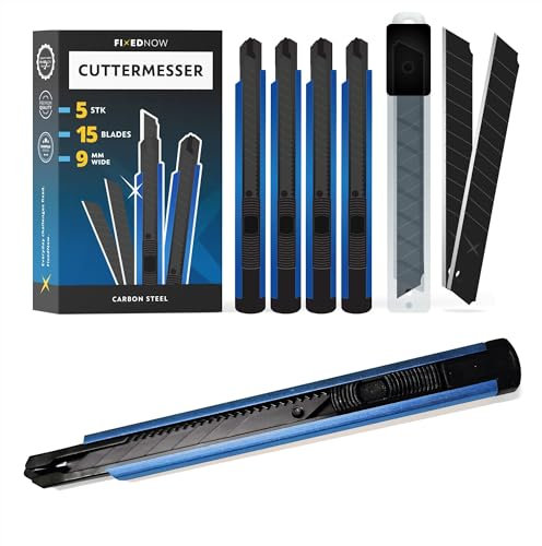 FixedNow 5 x Cuttermesser 9mm mit 15 x Abbrechklingen | Aus Extra Scharfe Japanishem Carbonstahl | Für Heimwerker, Handwerker, Bastler | Profi Teppichmesser Cutter Extra Scharf Schwarz Klein messer