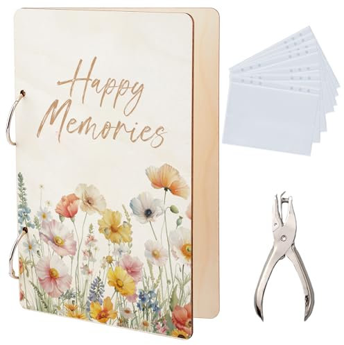 SUPERDANT Happy Memories Grußkarten Organizer Aquarellblumen Grußkarten Organizer Aus Holz Ordner Mit 2 Ring Postkartenalbum Für Geburtstage Und Hochzeiten Mit Locher Und 20 Taschen