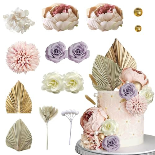 Durdiiy Cake Toppers Decorations Set, Pink White Flowers Set Dried Rose Gold Palm Leaf Paper Fan Decor Flowers Party Cake Decorations for DIY Wedding Birthday Party Favors (FLOWER)