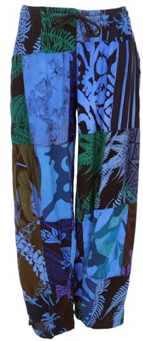 GURU SHOP Unikat Upcycling Patchwork Hose Bali, Unisex Boho Sommerhose - Blau, Damen, Size:XL