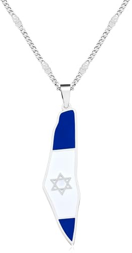 Zircobic Israel Map Necklace with Flag Accent, Stainless Steel Star of David Pendant, Jewish Symbol Jewelry for Men and Women – Gold and Silver Colors Available