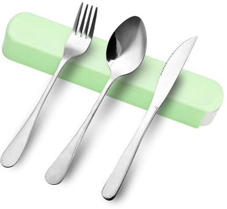 ZUPAPJO 4 en 1 Cubiertos para Llevar con Estuche, Cubiertos Camping Acero Inoxidable, con Cuchara, Cuchillo, Tenedor, Lavables a Máquina, Adecuada para Fiambreras, Viajes, Camping y Uso Diario, Verde