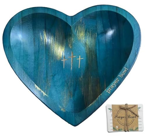 SMELEYOU Prayer Bowl with Card Heart Shaped Religious Christian Prayer Bowl Wooden with Cross Carving Decorative Congregation Gifts Blue