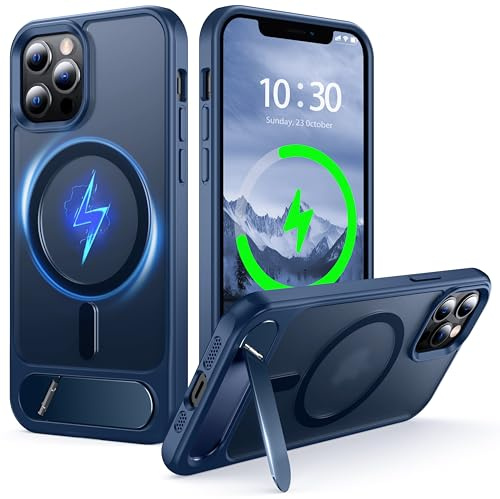 NJROW Magnetic Stand for iPhone 12 Case/iPhone 12 Pro Case with MagSafe | [Stand & Wireless Charging 2in1] [Flush Hidden Kickstand] [Military Shockproof] Slim Translucent Matte,Blue