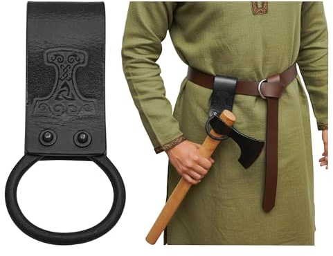 Lord of Battles Medieval Genuine Leather Axe Frog | Axe Holster with Belt Loop | Waist Holder for Axes, Tools (Mjolnir - Black)
