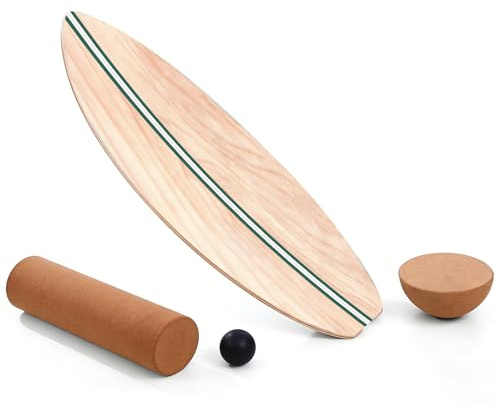 Balance Board, Holz Balance Board Erwachsene Gleichgewichtstrainer Mit Korkrolle, Kork Halbkugel und Gummiball, Balance-Trainer mit rutschfester Oberflächenbehandlung