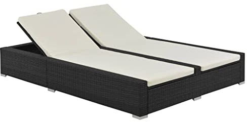 zylophax Doppel-Sonnenliege Poly Rattan Schwarz, wetterfest, verstellbare Rückenlehne, 202x145x80cm, für Outdoor Balkon Lounge Garten