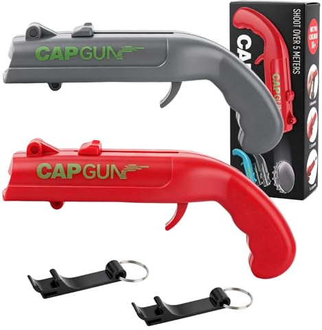 2 Pcs Beer Bottle Opener Cap Gun, Funny Cap Gun Bottle Opener Launcher Shooter with Gift Box, Caps for Cap Gun for Shooting Game Home Bar Party Christmas, Gift for Him(Grey, Red)