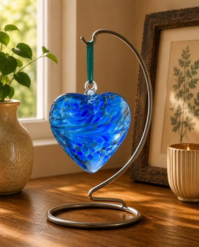 Sienna Glass 12cm Hanging Glass Heart – Blue – Handcrafted Mouth-Blown Friendship Heart Ornament with Ribbon & Gift Box – Keepsake Gift for Birthdays, Weddings & Anniversaries