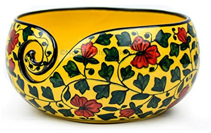 Nagina International Ceramic Attractively Hand Painted Gorgeous Stoneware Yarn Ball Storage Bowl With Innovative Dispensing Curl | Knitting & Crochet Accessions (Large, Yellow Shrubs)