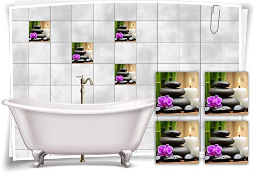 Medianlux Fliesenaufkleber Sticker Fliesenbild Orchidee Kerze Bambus Steine Wellness SPA Aufkleber Deko Bad WC, 15x15cm fp5p167q-76565