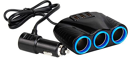I47C KFZ Zigarettenanzünder Verteiler 12V/24V 120W mit 3 USB Anschlüssen und 3-Fach Ladegerät Adapter, LED Anzeige, Mehrfach Steckdose Splitter mit 65 cm Kabel für Auto, LKW und SUV
