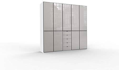 WIEMANN Montreal Kleiderschrank, Schlafzimmerschrank, Drehtürenschrank, mit Schubladen, Breite 250 cm, 5 türig, weiß, Glas Kieselgrau, Griffe schwarz, B/H/T 250x236x58 cm