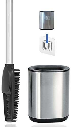 3in1 Toilettenbürste aus Silikon mit WC Bürsten Halter und Wandhalterung, Langer Stiel aus Edelstahl & Hygienisch mit Lamellen und Schaber – Toilettenbürstengarnitur für Badezimmer & Gäste-WC