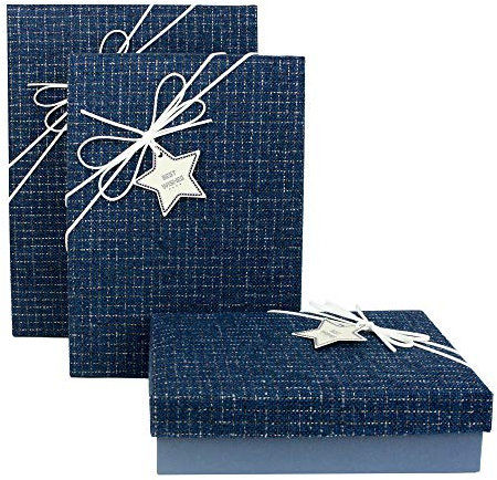 Emartbuy Set von 3 Starrer Luxus Rechteckige Präsentations Geschenkbox, Blaue Box mit Strukturierter Stoff Blauer Deckel, Schokoladenbraunes Interieur und Wildleder-Dekorband