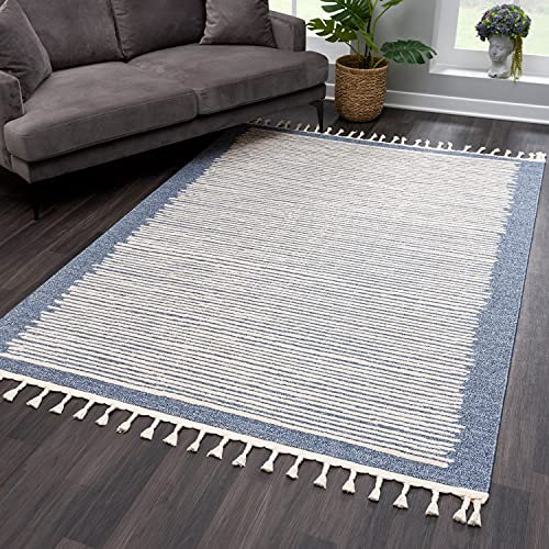 payé Teppich Wohnzimmer mit Fransen Deko Boho - Blau Cream-Streifen - 160x230cm - Kurzflor Schlafzimmer Flur Dekoration Läufer - Skandinavische Teppiche