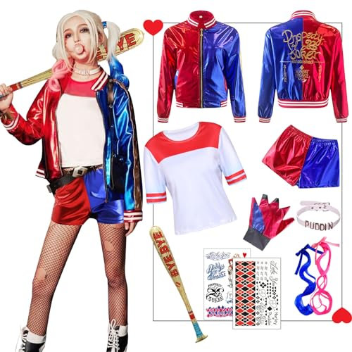 Amycute Quinn Cosplay Kostüme für Erwachsene, Bösewicht Suicide Kostüm Kit enthalten Jacke, T-Shirt, Shorts und Handschuh für Halloween Karneval Cosplay (Erwachsene, L(160-165cm))