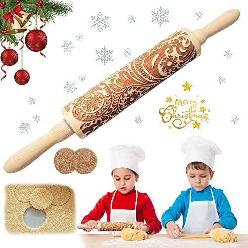 3D Holz Teigroller, Weihnachten Nudelhölzer, DIY Weihnachten Präge Nudelholz, Schneeflocke Teigroller für Fondant Teig Pizza Keks, 35 x 4.5cm(Schneeflocke-Rebe)