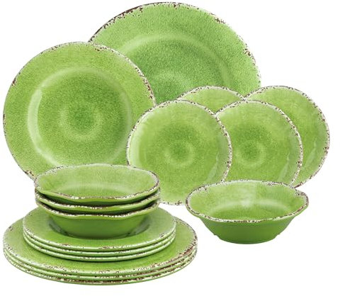 UPware 16 Piece Crackle Melamine Dinnerware Sets, Outdoor Dishes Set, Plates and Bowls Sets, Service for 4, Green