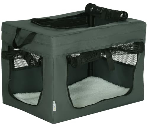 PawHut Pet Carrier Soft Dog Crate for Miniature Dogs 48.5 x 34 x 34 cm Grey | Portable Cat Carrier, Soft Side Pet Travel Crate, Removable Mat, Carry Bag, Breathable Mesh Window Door