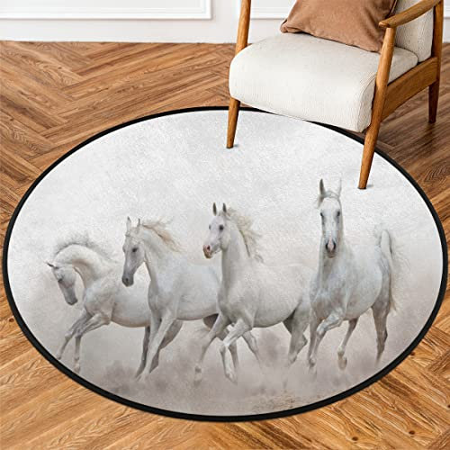 COTOT Weiß Laufendes Pferd Rund Teppiche Wohnzimmer, Pferd Design Bereich Teppich Waschbar Rutschfest Bodenmatte Großer Teppich für Schlafzimmer 92cm