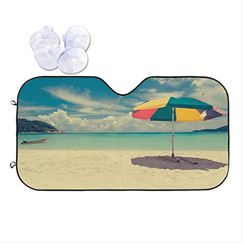 Sonnenschirm für Auto Beach Ocean Regenschirm, Retro Sea Boat Mountain Summer Holiday Memory Photo Front Window Sun Visor Protective Case Blocks UV Rays Fits Trucks Cars 55 X 29.9 Inch