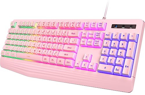yesbeaut Pink Gaming Keyboard, Rainbow LED Backlit, 104 Keys Silent Light Up Creamy Keyboard with Wrist Rest, PBT Keycap, Anti-ghosting, Waterproof USB Wired Computer Keyboard for PC Mac Xbox