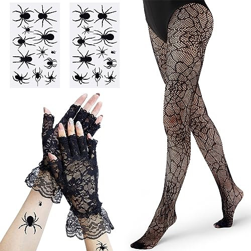 HICARER 4 Stück Halloween Spinnenkostüm Damen inklusive Schwarze Spinnennetz Strumpfhose Gotische Fingerlose Spitzenhandschuhe 2 Blatt Spinne Gesichtstattoos, Muster Netzstrumpfhose mit Hoher Taille