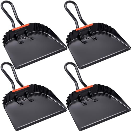 Mumufy Paquete de 4 recogedores de metal industrial negro de 12 pulgadas con asa, recogedor de mano ancha, herramienta de barrido de polvo y escombros, borde de precisión, ideal para limpiar