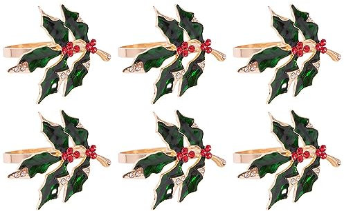 YöL Set Of 6 Deluxe Holly Gem Napkin Rings Christmas Dinner Table Decoration Ring Buckle Serviette Holder Festive Party