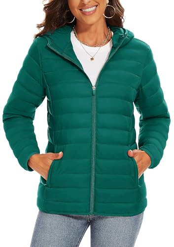 TAVCASEN Lightweight Down Jacket Womens Hooded Down Jacket Casual Quilted Puffer Jacket with Hood Winter Coat,Emerald Green,M