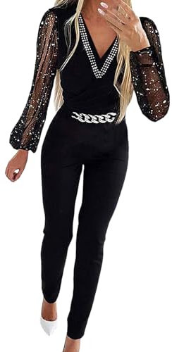 Glitzer Jumpsuit Damen Festlich Hochzeit Elegant Outfit Hosenanzug Glitzer Cocktail Lang Overall Jumpsuit Pailletten Langarm Party Hohe Taille Mit Weitem Bein Romper Playsuit