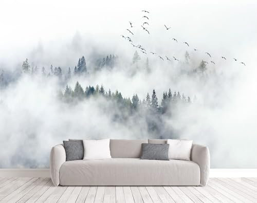 Naturempress Papier Peint Panoramique Forêt De Pins Zen Nuages Oiseaux Papier Peint Intissé Tapisserie Poster Mural pour Salon Chambre Décoration Murale