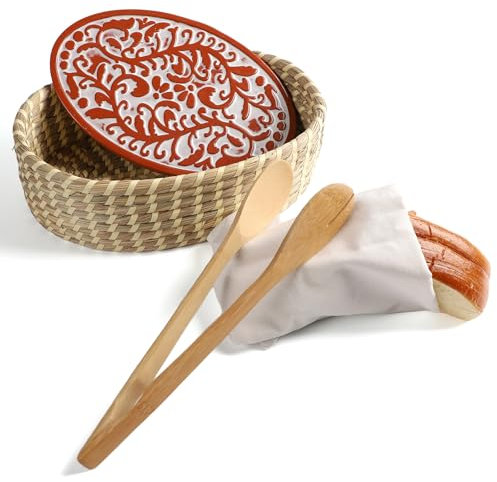 Hostess Terracotta Bread Warmer Basket with Stone Set, Serving Bread Baskets - Perfect Gifts for Sourdough Bakers and Housewarming