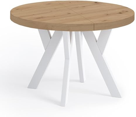 Dekori Möbel Runder Ausziehbarer Tisch für Esszimmer mit Holzbeinen, Pero, Loft-Stil, Skandinavische, Durchmesser Varianten: von 90 bis 220 cm (Eiche Artisan/Weiß, 90/190 cm)