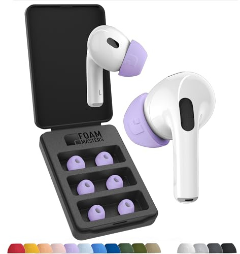 Foam Masters Ultra-Premium Memory Foam Ear Tips for AirPods Pro 1st & 2nd Gen | 3 Pairs | New Ver. | Secure Fit | Super Comfort | Better Noise Cancel | Replacement Buds (Small, Lilac Purple)