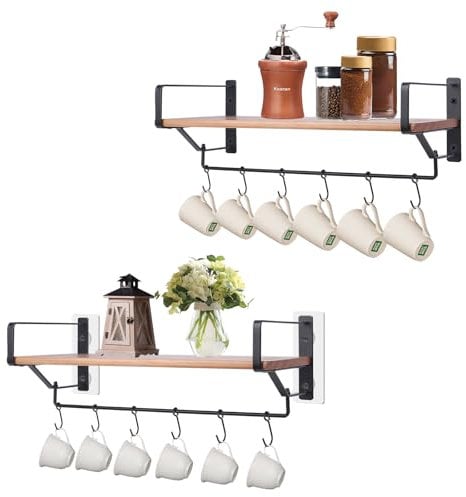 KAYUTOL Kitchen Storage Floating Shelves Wall Mounted Set of 2, Coffee Station Organizer with 6 Hooks, Bathroom Shelves No Drilling, Wooden Wall Shelf Wide Size 44x18.5 cm, Black