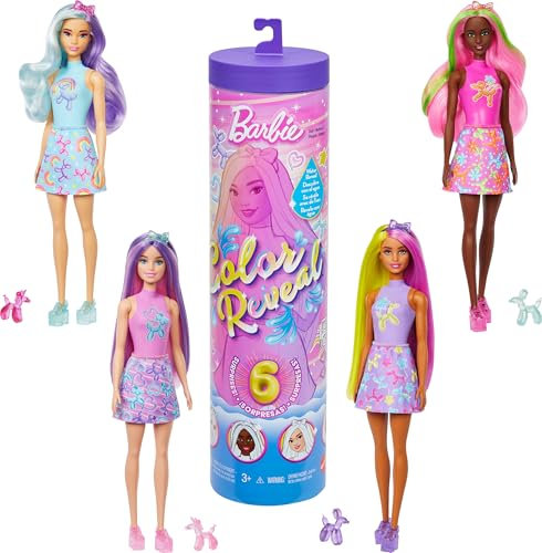 Barbie Color Reveal Puppe und Accessoires, Ballontier-Reihe, 6 Überraschungen einschließlich Farbwechsel und Mini-Ballontier (Stile können abweichen), JFV58