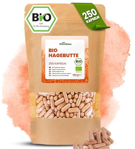 RheinNatur Bio Hagebutten Kapseln 250 Stück - 2000 mg je Tagesdosis - Reine Bio Hagebutten gemahlen in pflanzlicher Kapselhülle, vegan - Reich an Vitaminen, Mineralstoffen & Antioxidantien