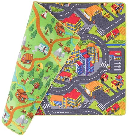 Pergamon Kinder Straßenteppich Beidseitig Campingplatz und 3D Town - Spielteppich für Kinderzimmer mit Straßenmotiven, Fördert Kreativität und Fantasie