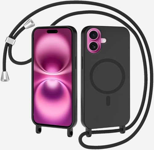 SLWYF Magnetische Handykette für iPhone 16 Hülle mit Band, Handyhülle Kompatibel mit MagSafe, Silikon Seil Necklace Handyhülle PU Stoßfest mit Abnehmbar Kordel zum Umhängen Case - Schwarz