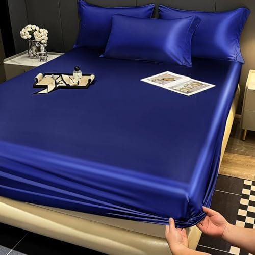 Gezu Satin Spannbettlaken 140x200cm Blau Glänzend Uni Seide Seide Glänzend Bettlaken Hochwertiges Deluxe Unifarben Spannbetttuch 140x200cm Microfaser Bettlaken für bis 10-30cm Matraze