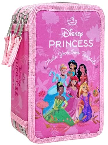 Clondo Estuche con 3 Compartimentos 3D para Niñas, para Princesas Disney Fans, Triple Relleno, 44 Accesorios de Escuela, 3 Cremalleras, 20cm, Lápices de Colores, Rosa
