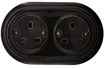Porcelain Black Double Power Socket UK 3-Prong – Flush Mounted Ceramic Wall Outlet, Retro Loft Style, Vintage Cottage Design