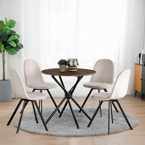 FurnitureR runder Esstisch mit 4 Stühlen, Satz von 4 Esszimmer Stühlen mit Küchentisch, Esszimmer Gruppe, Esszimmer, Tisch Set für Küche, Wohnzimmer, Balkon, Dunkelbraune-Schwarze+Weiße-Drehbare