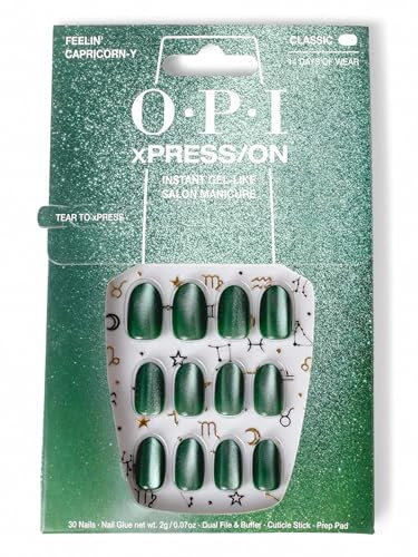 OPI xPRESS-ON Feelin’ Capricorn-y - Emerald Green Velvet Short and Round Shaped Press On Nails - With Nail Glue - Long Lasting, Reusable and Non-Damaging False Nails
