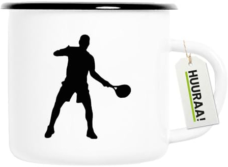 Huuraa Emaille Tasse Tennis Silhouette Geschenk | 300ml Becher Weiß mit Schwarzem Rand Vintage Campingbecher Geschenkidee Kaffeetasse als Wohnwagen Zubehör Campingtasse