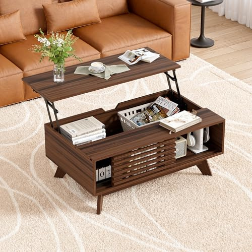 MSFE Couchtisch Höhenverstellbar Wohnzimmertisch Tisch für Couch, Sofatisch mit Stauraum und Schiebetür, Mid-Century Couchtisch, Platte Kaffeetisch mit Hubplatt für Wohnzimmer, Büro, Vintage Braun